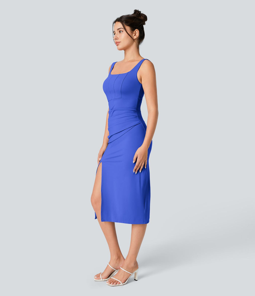 Robe corset midi moulante ruchée à encolure carrée, dos nu, brassière intégrée