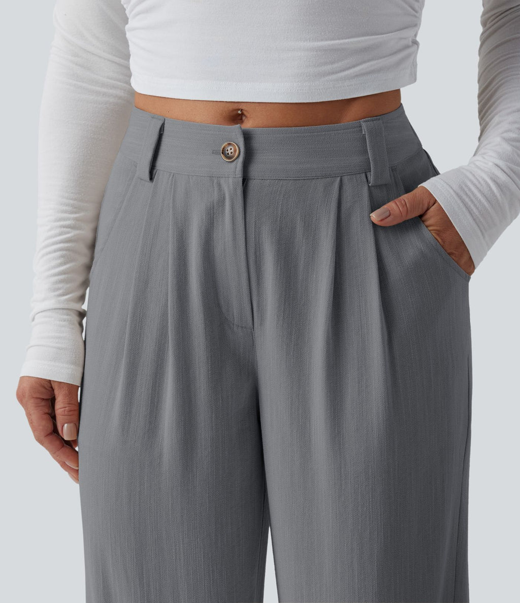 Pantalon décontracté mi-taille effet lin avec poches