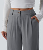 Pantalon décontracté mi-taille effet lin avec poches