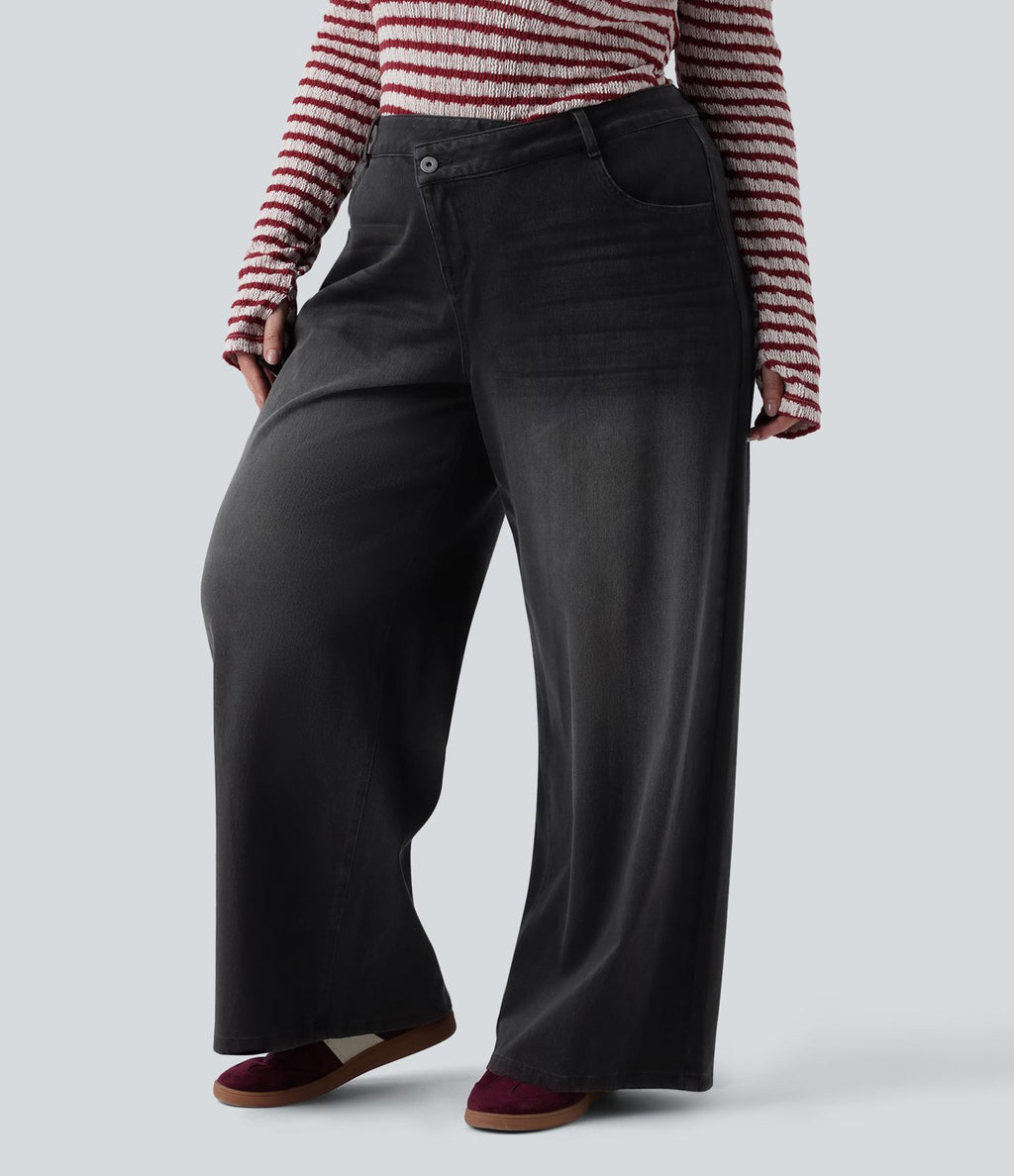 Jean décontracté grande taille Halara Flex™ asymétrique taille basse jambes larges effet délavé avec poches