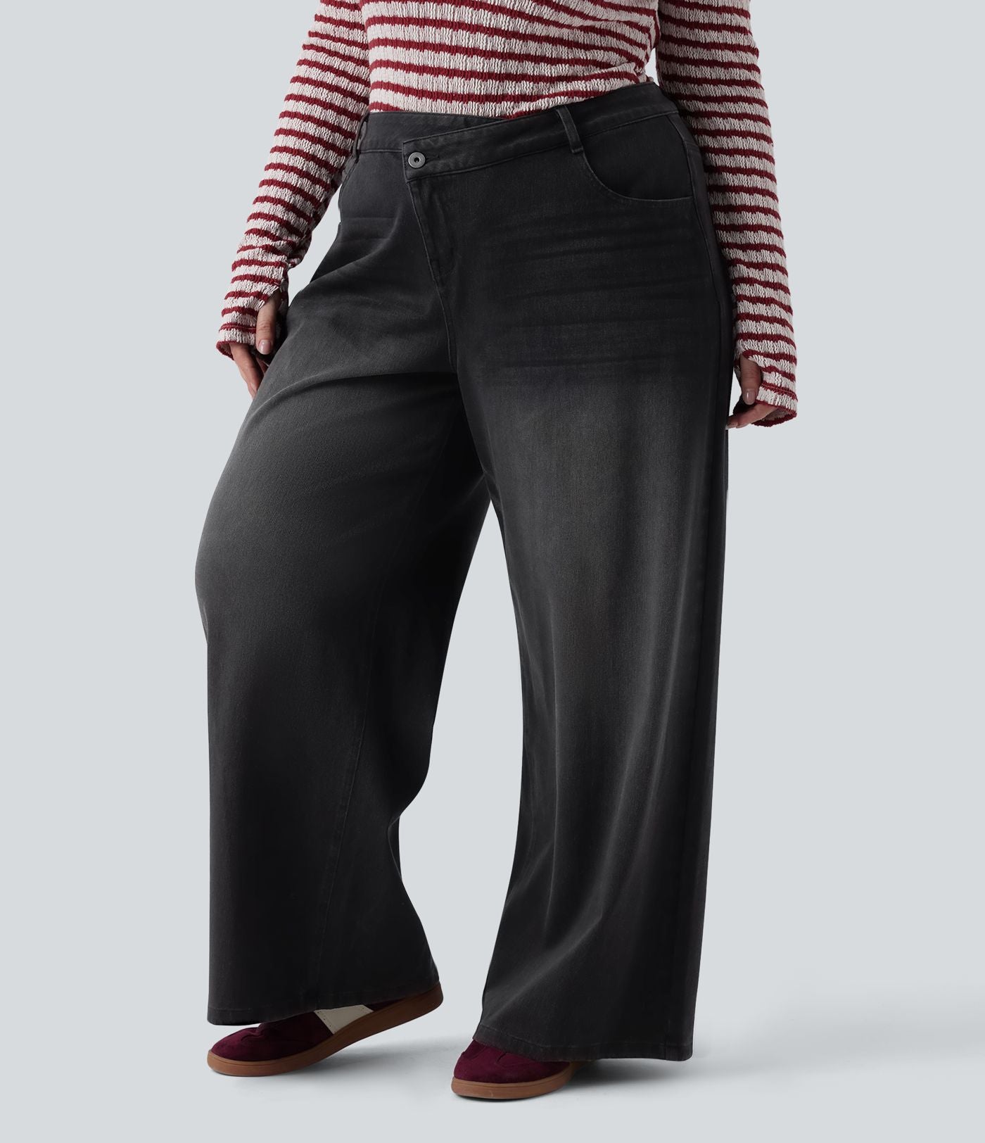 Jean décontracté grande taille Halara Flex™ asymétrique taille basse jambes larges effet délavé avec poches