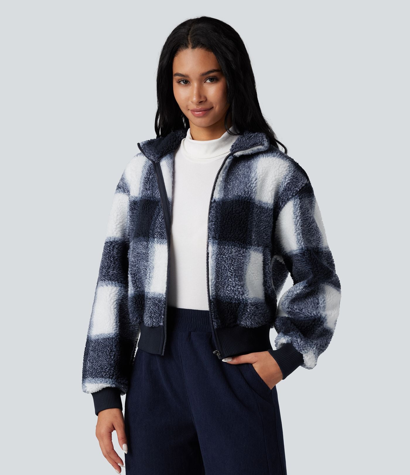 Veste sherpa col montant côtes contrastantes avec fermeture éclair et poches