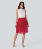 Jupe casual midi fluide 2-en-1 taille haute froncée maille contrastante avec poches latérales