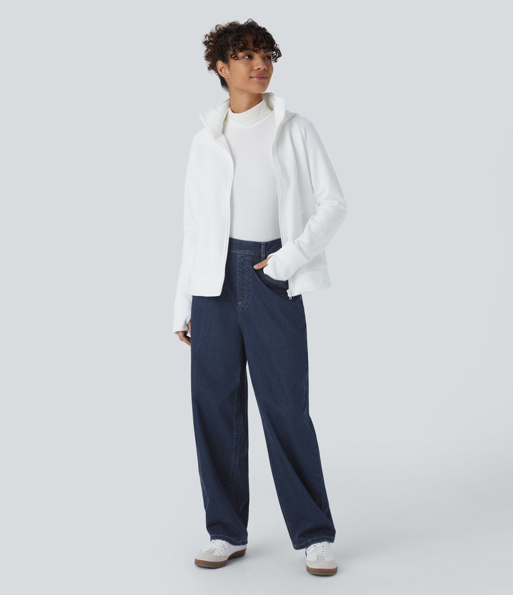 Jean ample délavé taille haute en maille extensible avec poches multiples