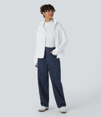 Jean ample délavé taille haute en maille extensible avec poches multiples