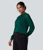 Blouse mesh contrastant col rond manches raglan longues