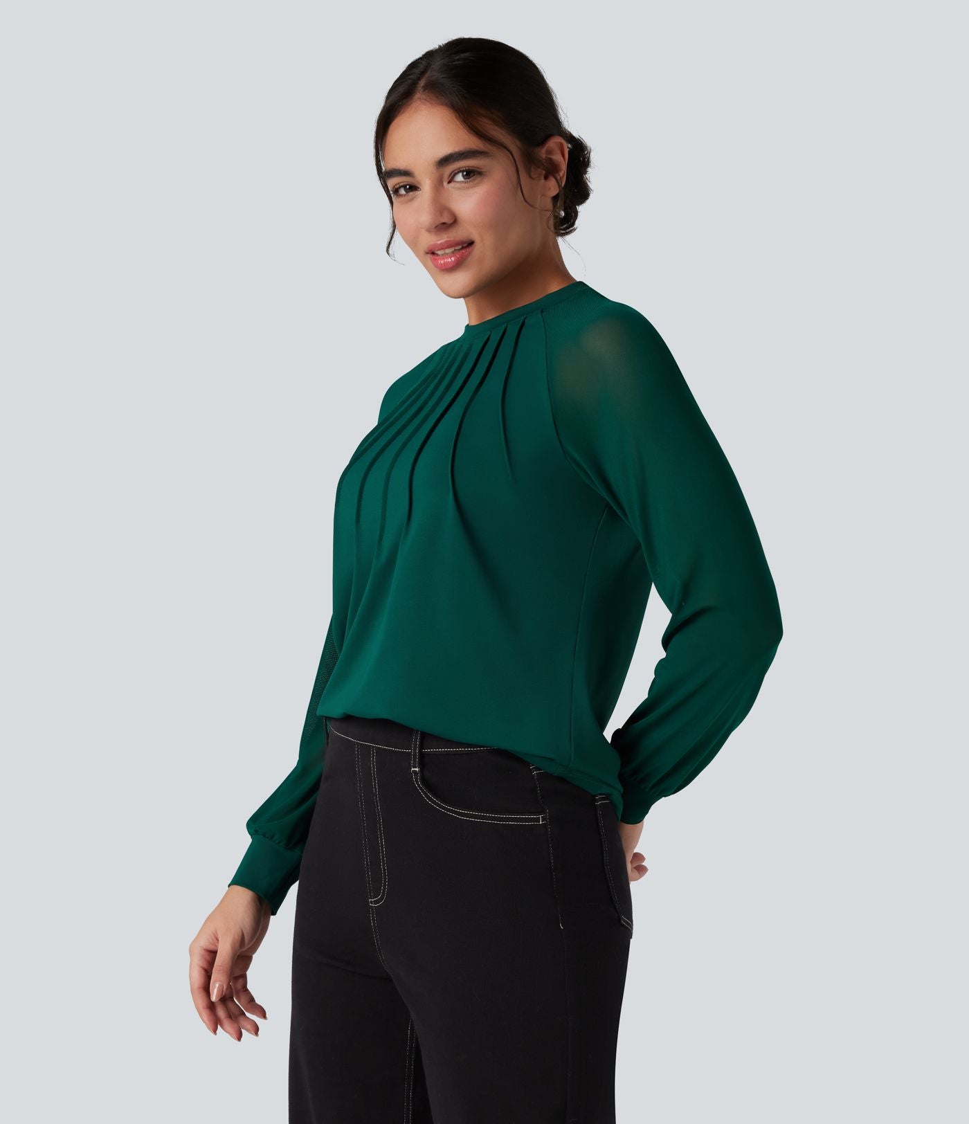 Blouse mesh contrastant col rond manches raglan longues
