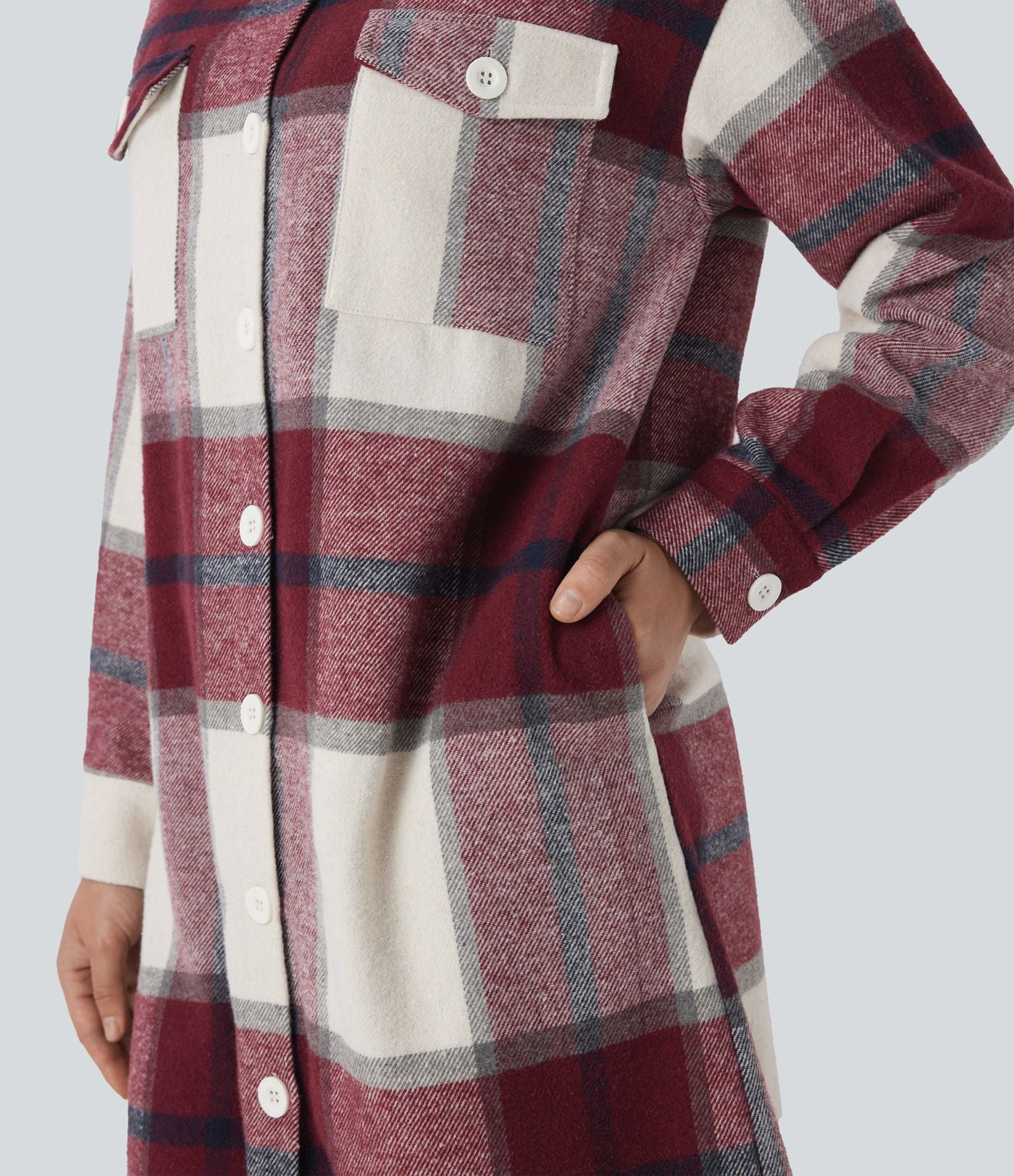 Veste décontractée longue à motif écossais avec ourlet arrondi et poches