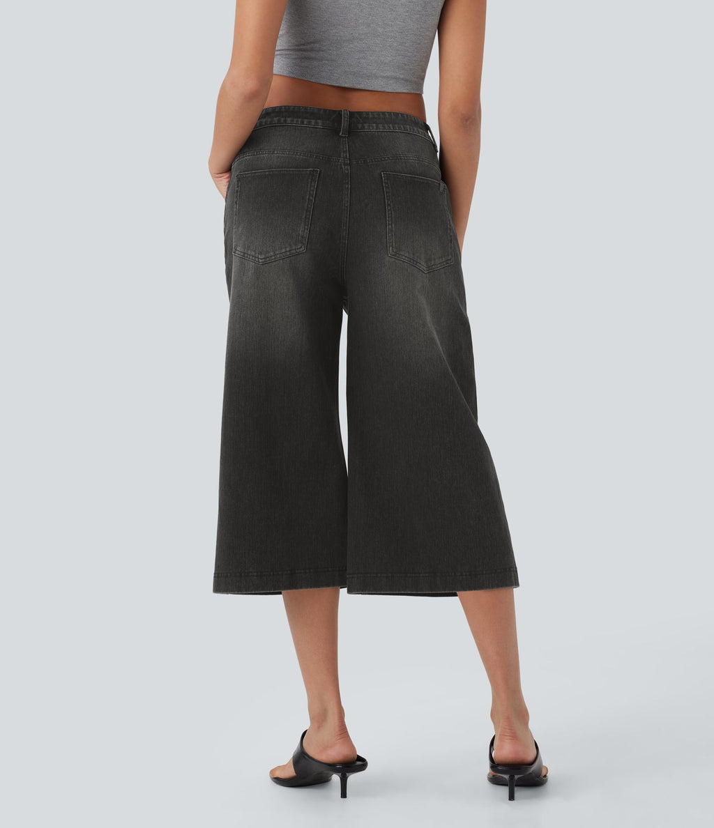 Jean capri décontracté Halara Flex™ baggy taille basse en maille extensible délavée avec poches