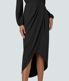 Robe de Soirée Mi-longue à Col V, Manches Longues, Plis et Ourlet Tulipe