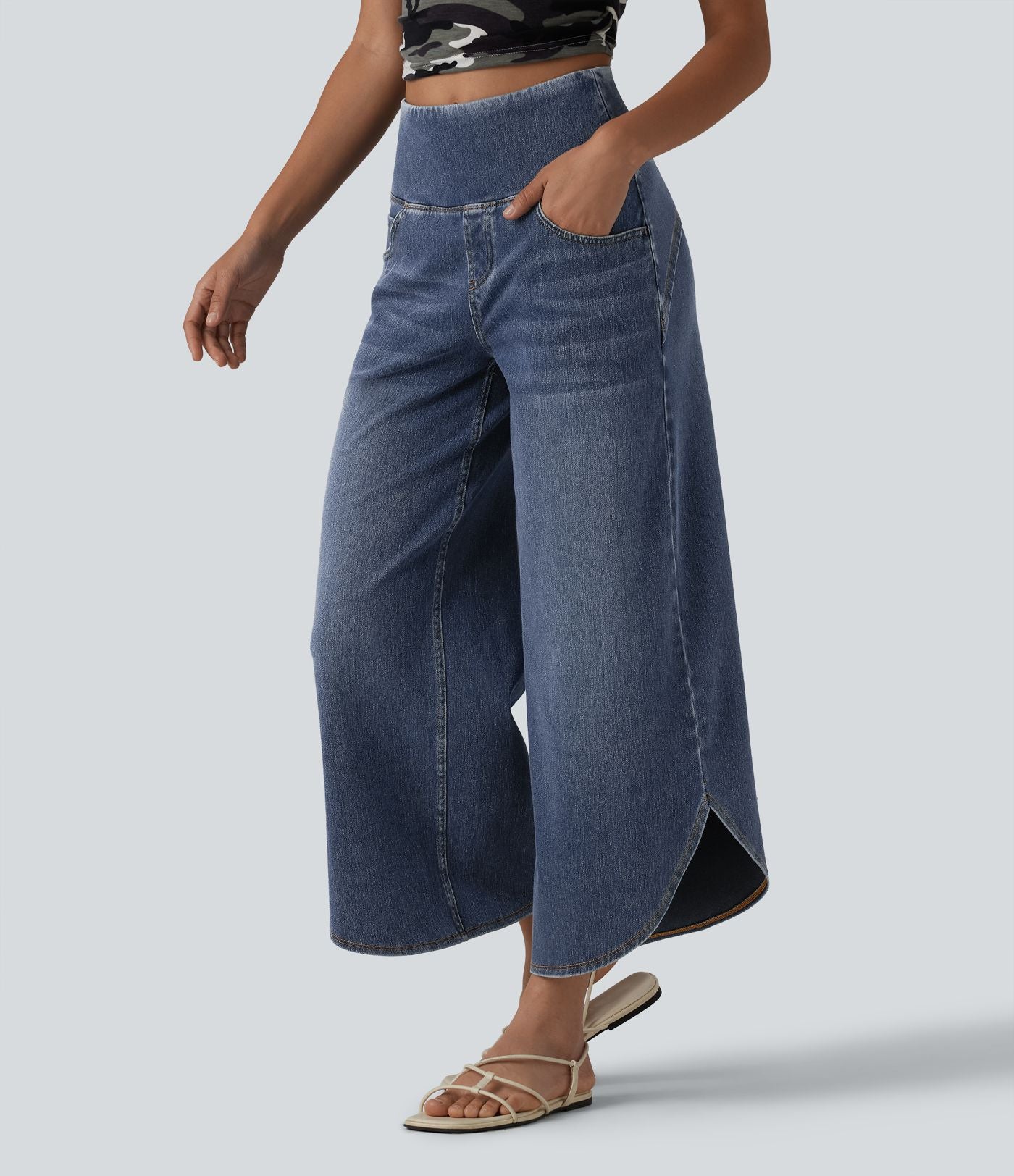 Halara Flex™ Jean large casual 7/8 ventre plat taille haute avec ourlet arrondi et poches