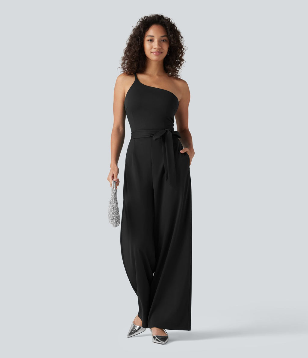 Combinaison de soirée asymétrique sans manches, ceinturée, avec soutien-gorge intégré et poches - Easy Peazy