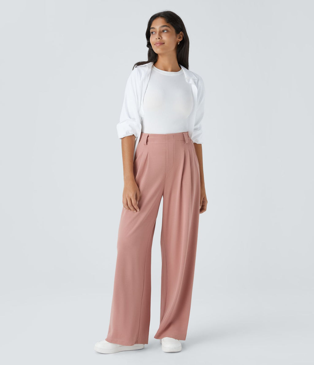 Halara Flex™ Pantalon Tailleur en tissu gaufré à taille haute, jambes larges, plis et poches latérales