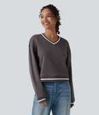 Sweat casual col V manches longues color block en coton