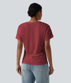 T-shirt décontracté uni à manches courtes, col V et fronces
