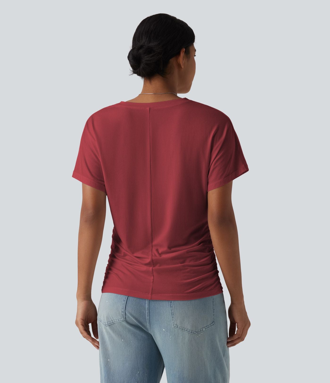 T-shirt décontracté uni à manches courtes, col V et fronces