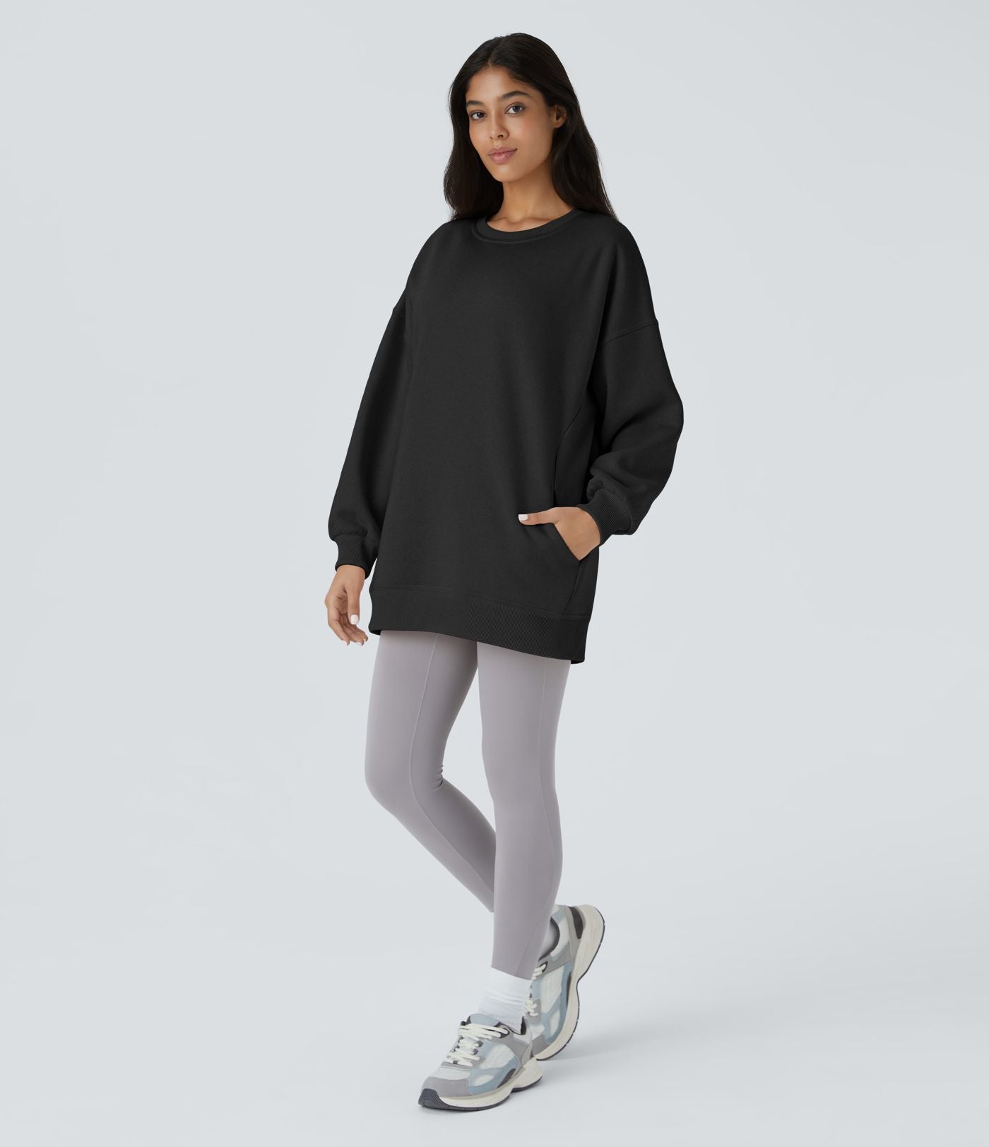 Sweat-shirt décontracté en polaire, col rond, manches longues, poches latérales, coupe oversize