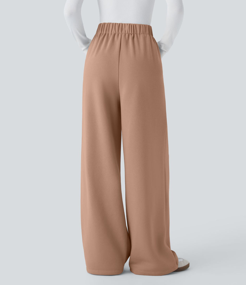 Pantalon Jogging Thermique Taille Haut Jambes Larges Poche Latérale Plissée en Fleece
