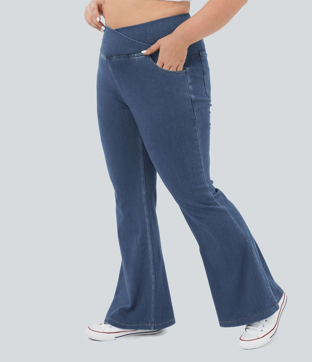 Jean super évasé Halara Flex™ grande taille en maille denim extensible délavée taille haute avec poches croisées effet frais InstantCool respirant