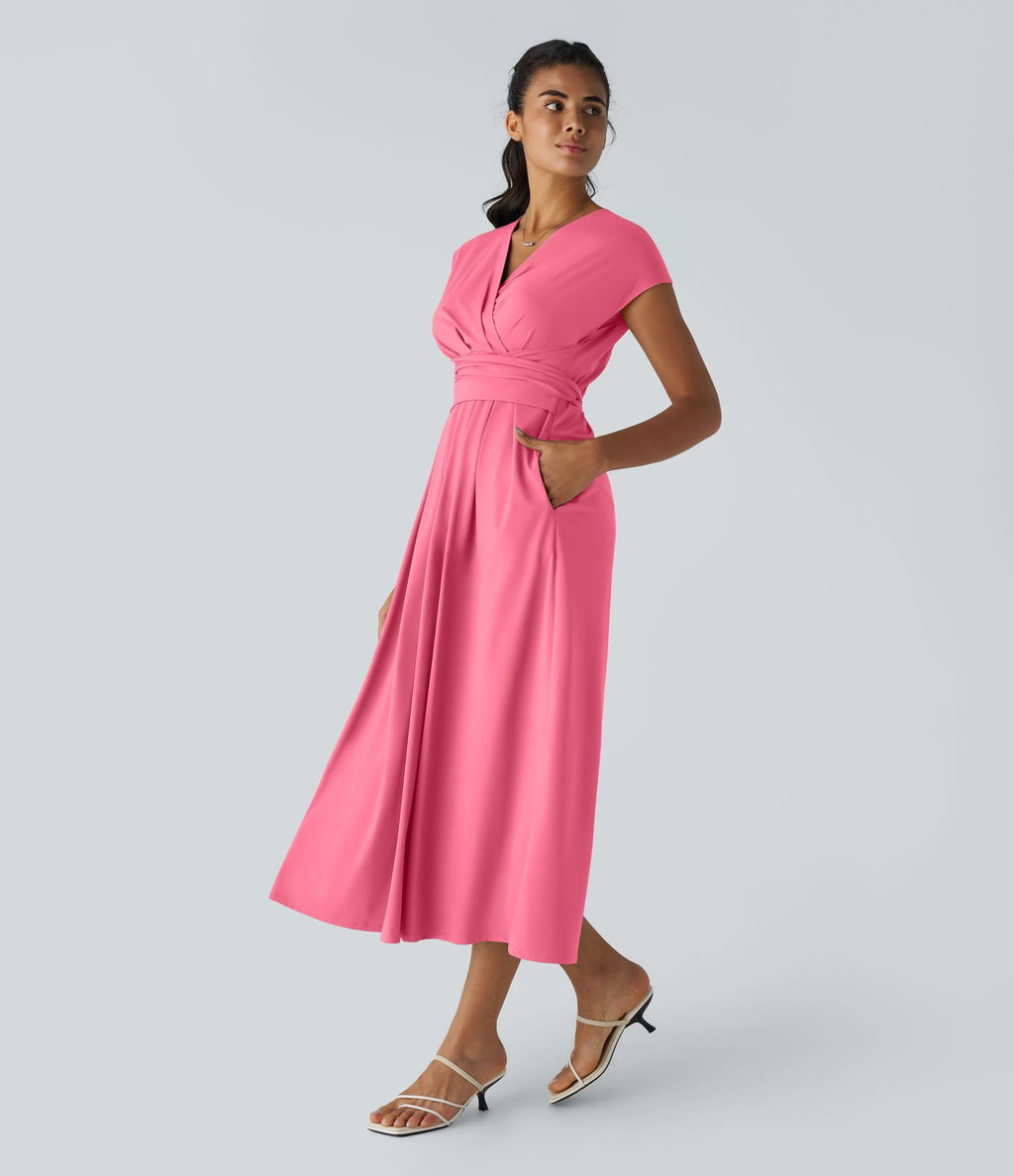 Breezeful™ Robe Mi-Longue Col en V Manches Courtes Poche Latérale Nouée au Dos Séchage Rapide