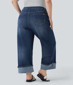 Jean casual grande taille Halara Flex™ tricot extensible délavé taille haute jambe large ourlet roulotté avec poches