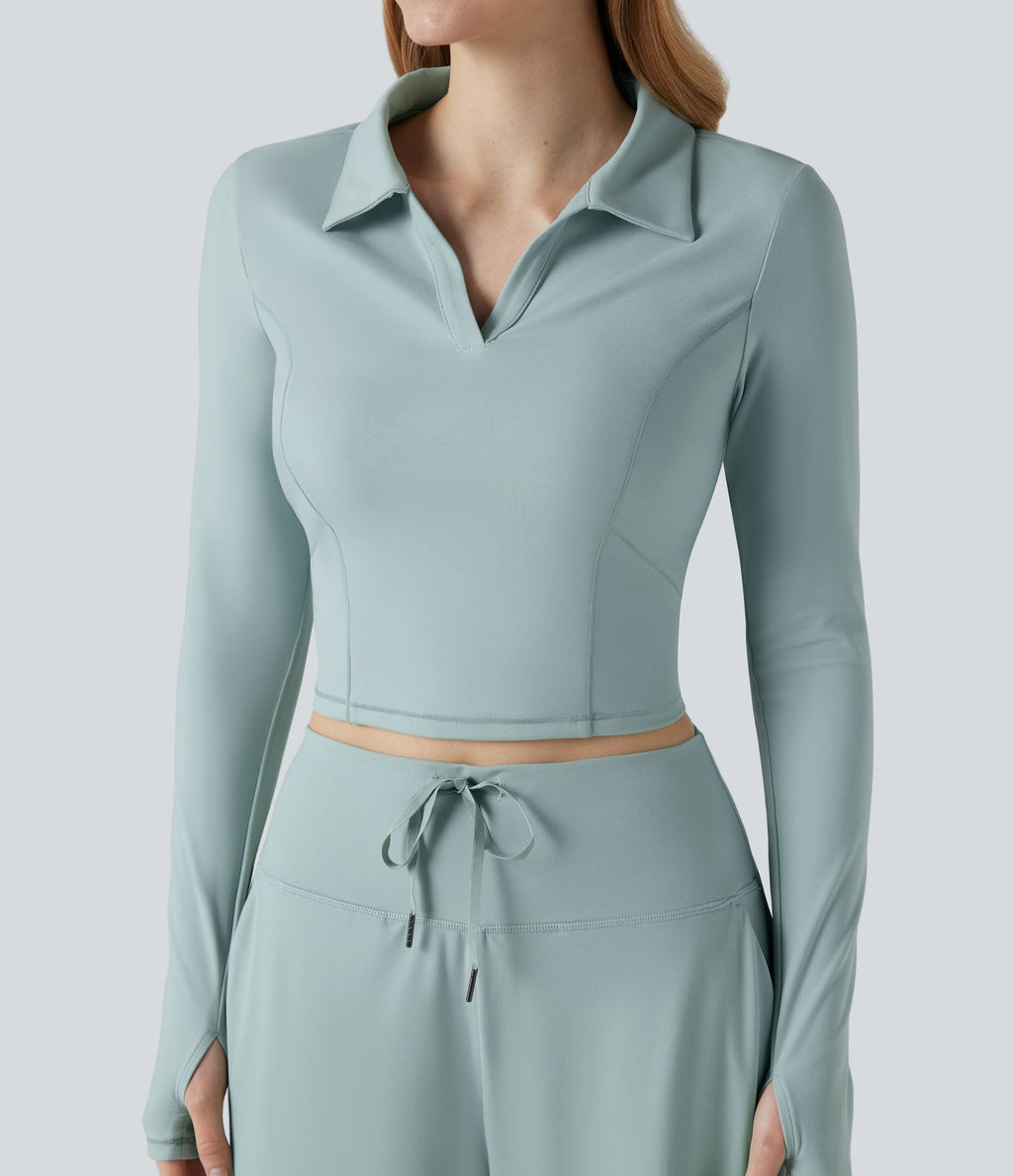 Top de sport tennis SoftlyZero™ Plush court col polo manches longues avec trous pouces