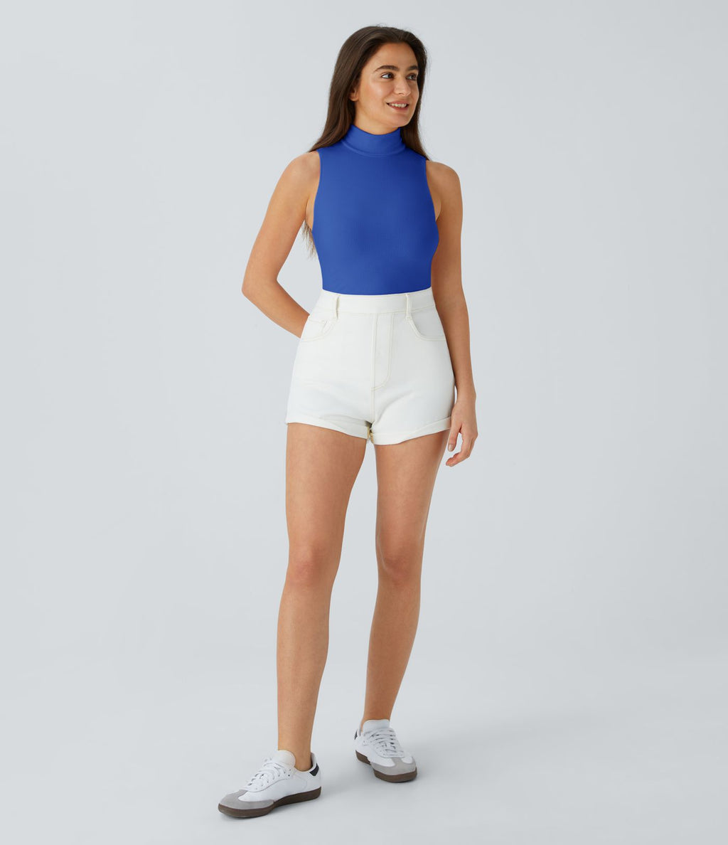 T-shirt Casual sans Manches en Tricot Côtelé à Col Haut