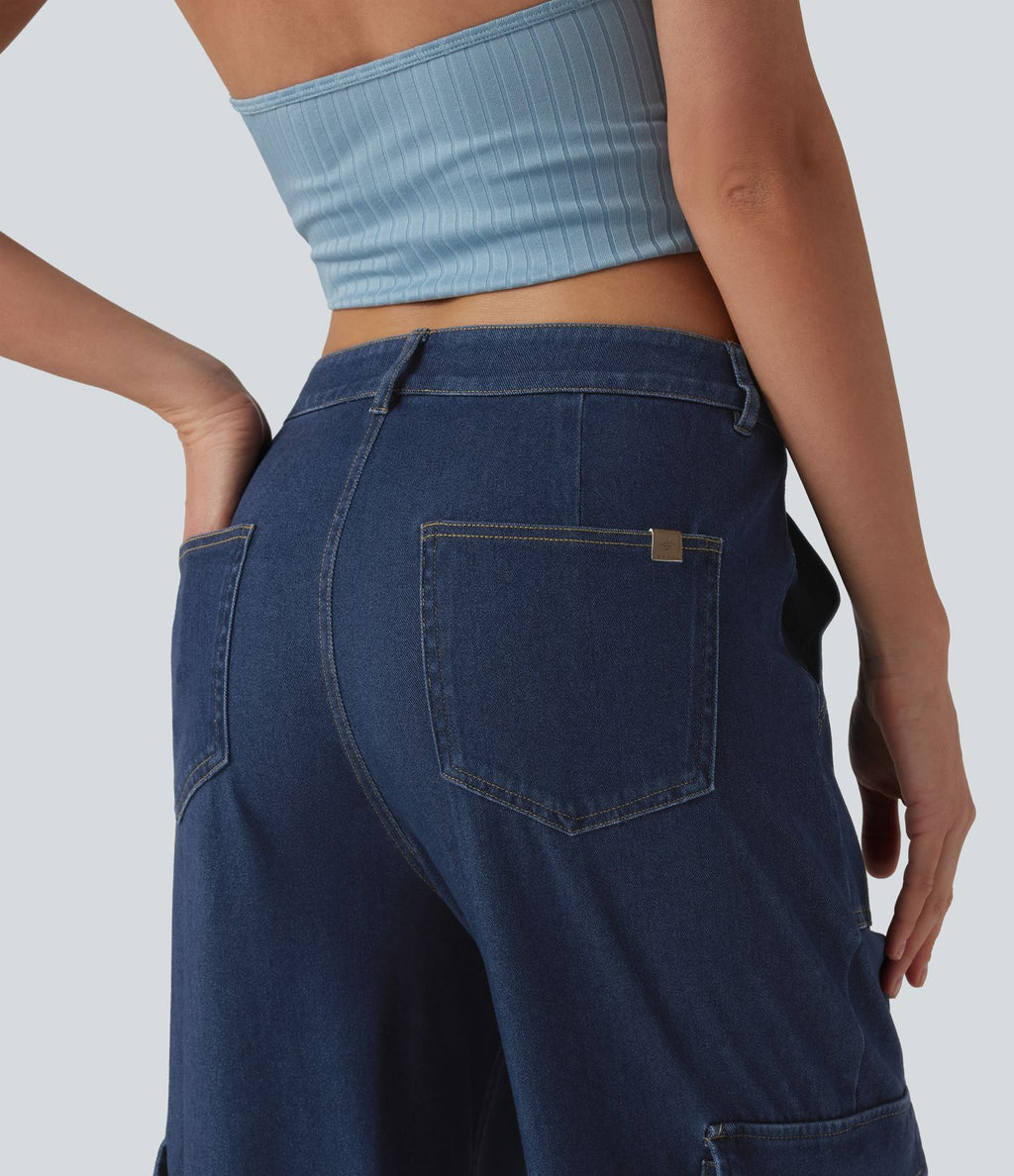 Jean droit cargo casual Halara Flex™ taille mi-haute en lyocell drapé délavé avec poches