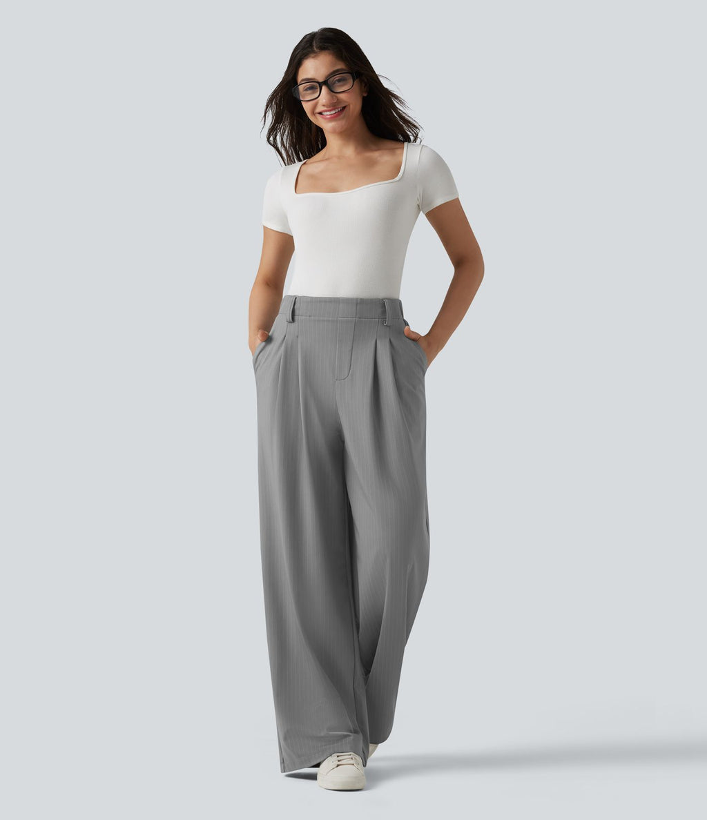 Pantalon tailleur large taille haute à rayures avec poches