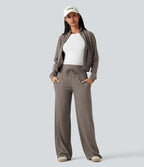 Pantalon jogging large décontracté côtelé gainant taille haute avec cordon de serrage et poches