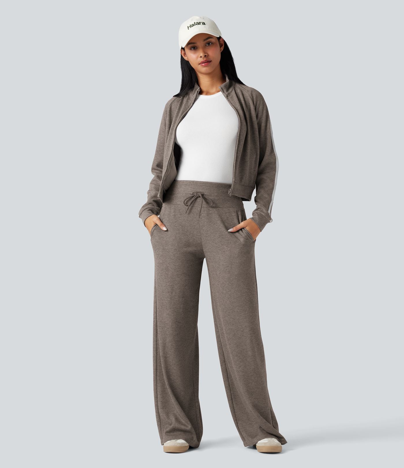 Pantalon jogging large décontracté côtelé gainant taille haute avec cordon de serrage et poches