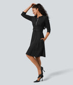 Robe de travail midi fit-and-flare ceinturée zippée col rond avec poches