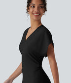 Robe longue tailleur évasée col V à manches courtes avec fermeture éclair invisible et drapé froncé