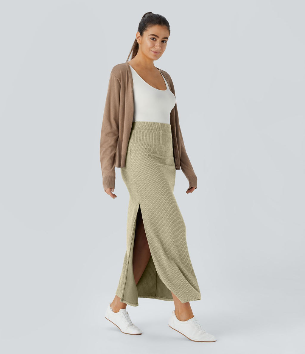 Jupe Casual Maxi à Taille Haute et Ourlet Fendu en A-Line en Côtes