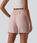 Short décontracté ample en lin mélangé taille haute avec cordon de serrage, 12,5 cm, et poches