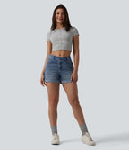 Short denim décontracté Halara Flex™ asymétrique délavé taille haute ourlet roulotté avec poches