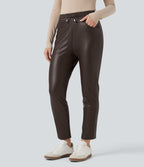 Pantalon fuselé 7/8 décontracté PU molleton extensible taille haute avec cordon et poches