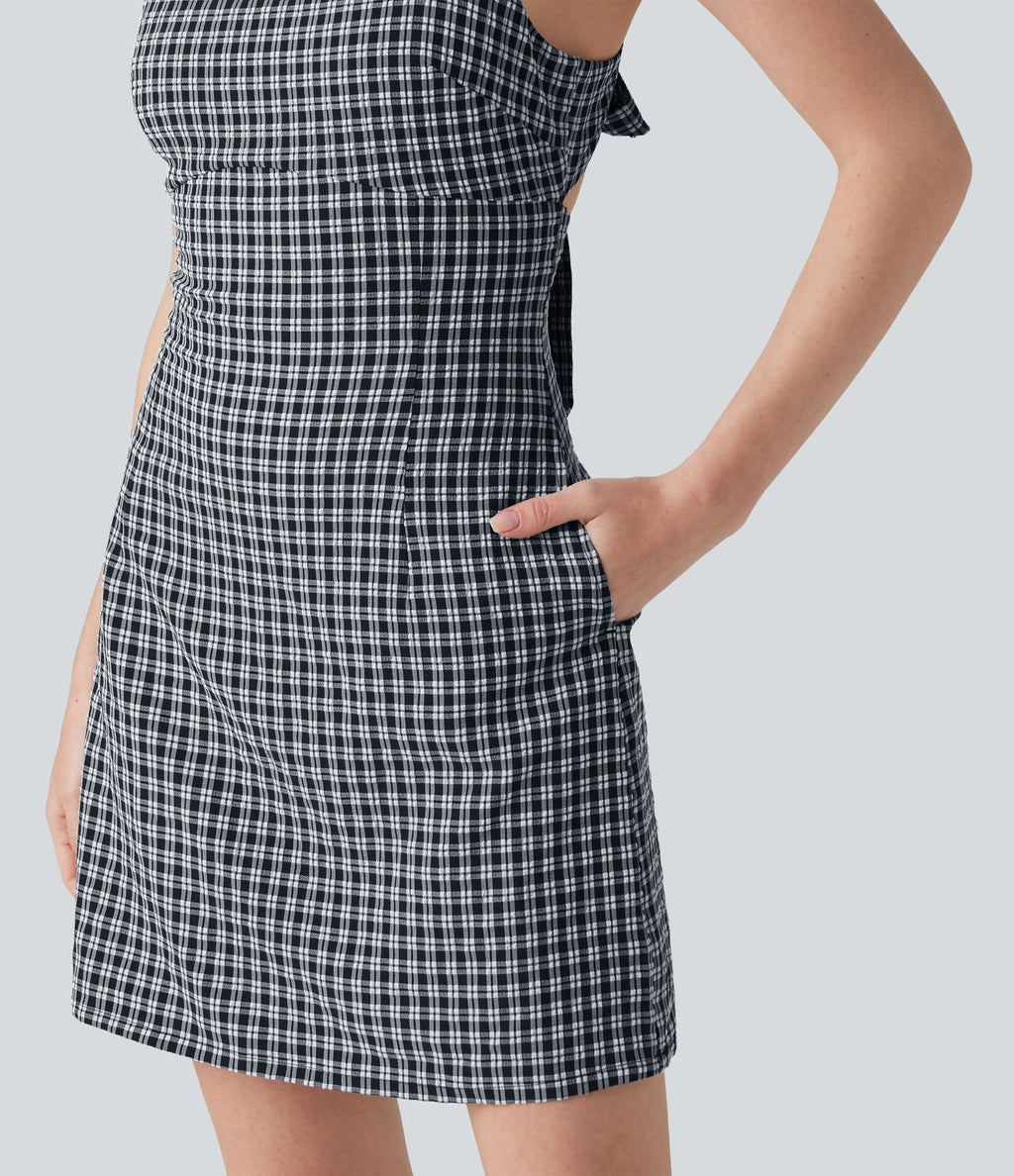 Robe mini vichy à col carré avec lien à nouer au dos et poches