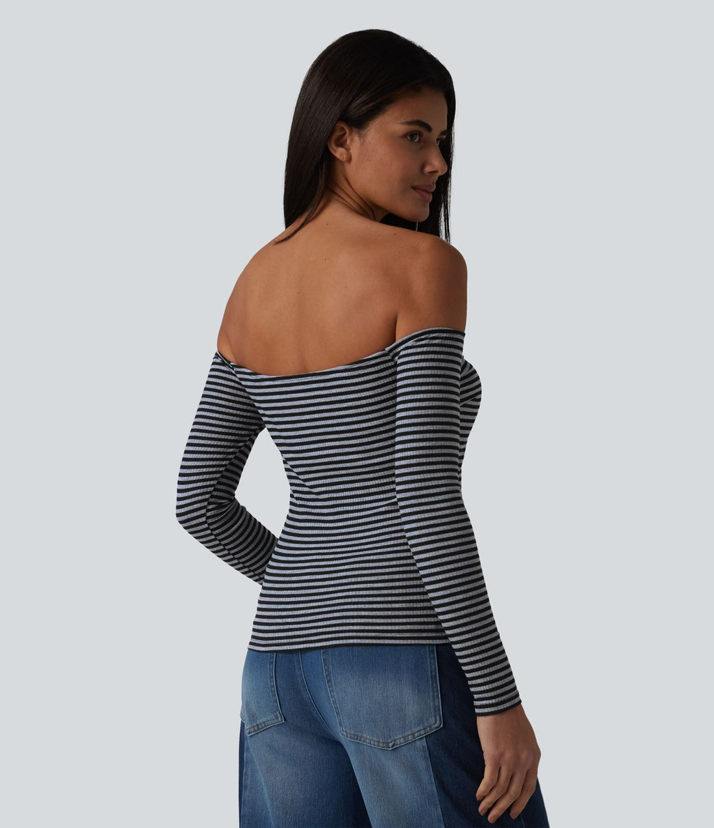 T-shirt casual rayé en maille côtelée à épaules dénudées, manches longues et soutien-gorge intégré