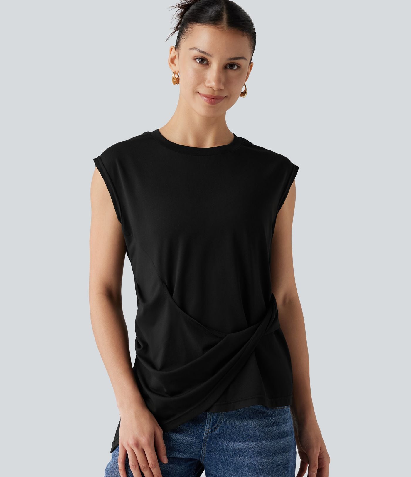 Top casual col rond manches courtes ourlet asymétrique torsadé