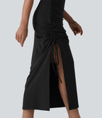Robe midi moulante à col en V rembourrage non amovible et fronces à cordon
