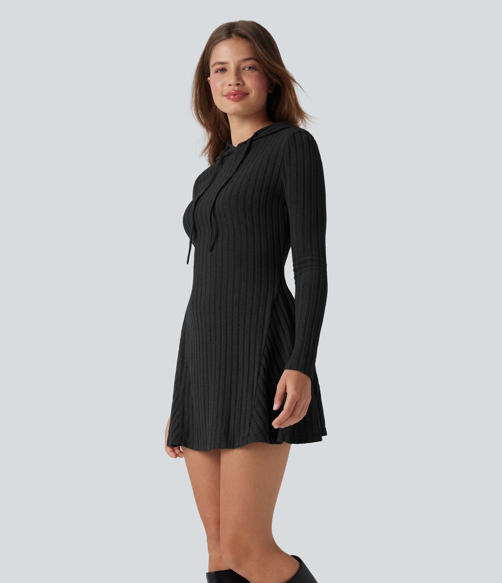 Robe décontractée mini à capuche maille côtelée manches longues avec cordon de serrage