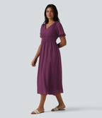 Robe décontractée fluide mi-longue col V manches bouffantes taille froncée