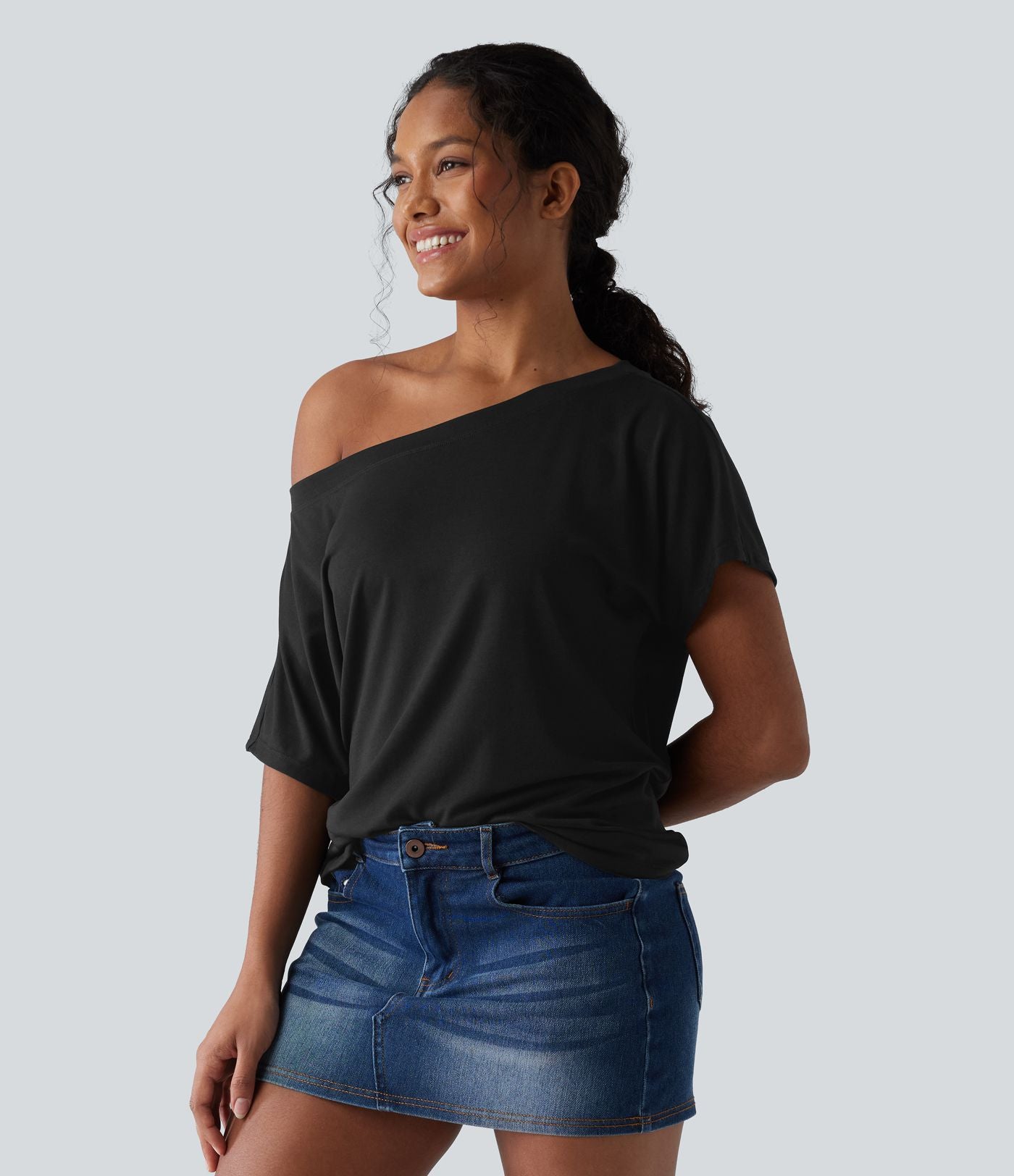 Haut décontracté oversize chiné asymétrique une épaule dénudée manches courtes