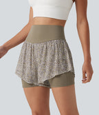 Short baggy de running 2-en-1 taille haute à imprimé léopard avec poches