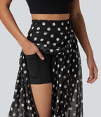 Jupe-short midi fluide évasée taille haute style vacances en mesh à pois avec cordon de serrage et poches