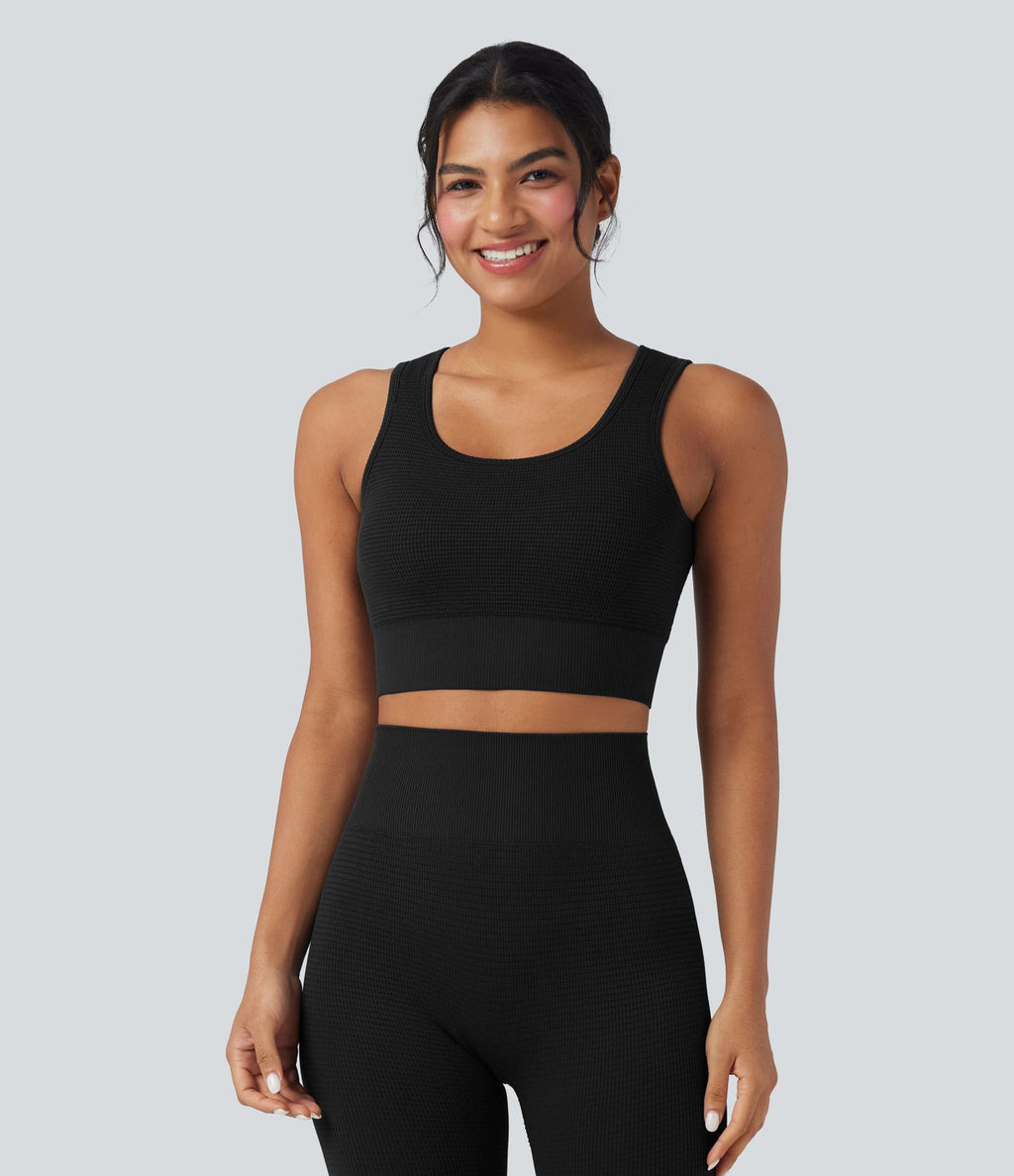 Brassière de sport yoga courte maintien léger col U en maille gaufrée sans couture OneForm Seamless Flow