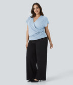 Blouse Travail Unie Froncée Croisée Manches Courtes Col en V Grande Taille