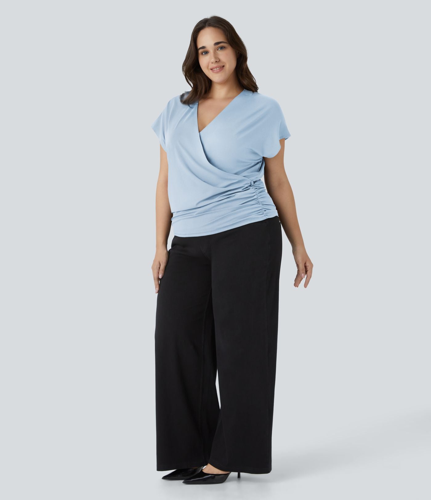 Blouse Travail Unie Froncée Croisée Manches Courtes Col en V Grande Taille