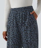 Pantalon léopard velours côtelé imprimé coupe droite mop taille haute avec poches